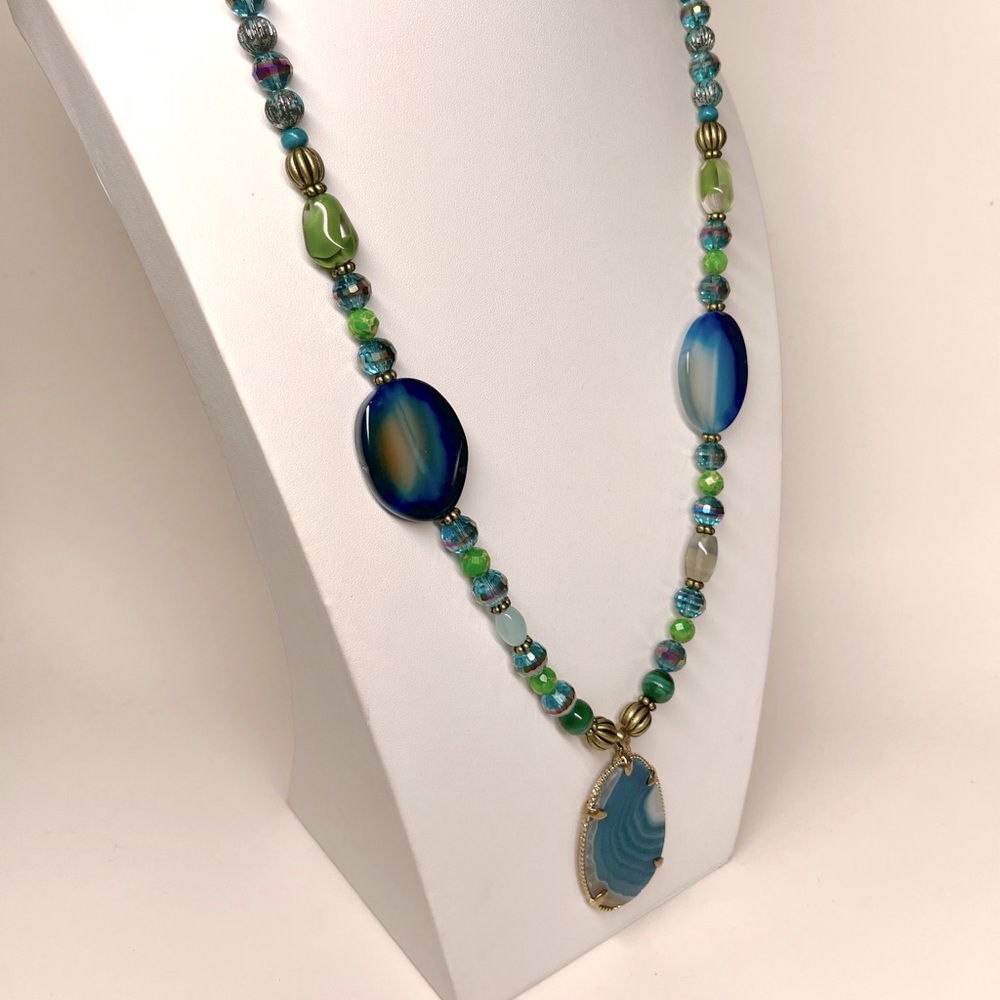 Beautiful Blue Agate Statement Beaded Multicolor Necklace, 30” Long SHE 2